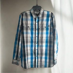 Men's Amplify Button Down Shirt Western Black &‎ Teal Checkered Print
